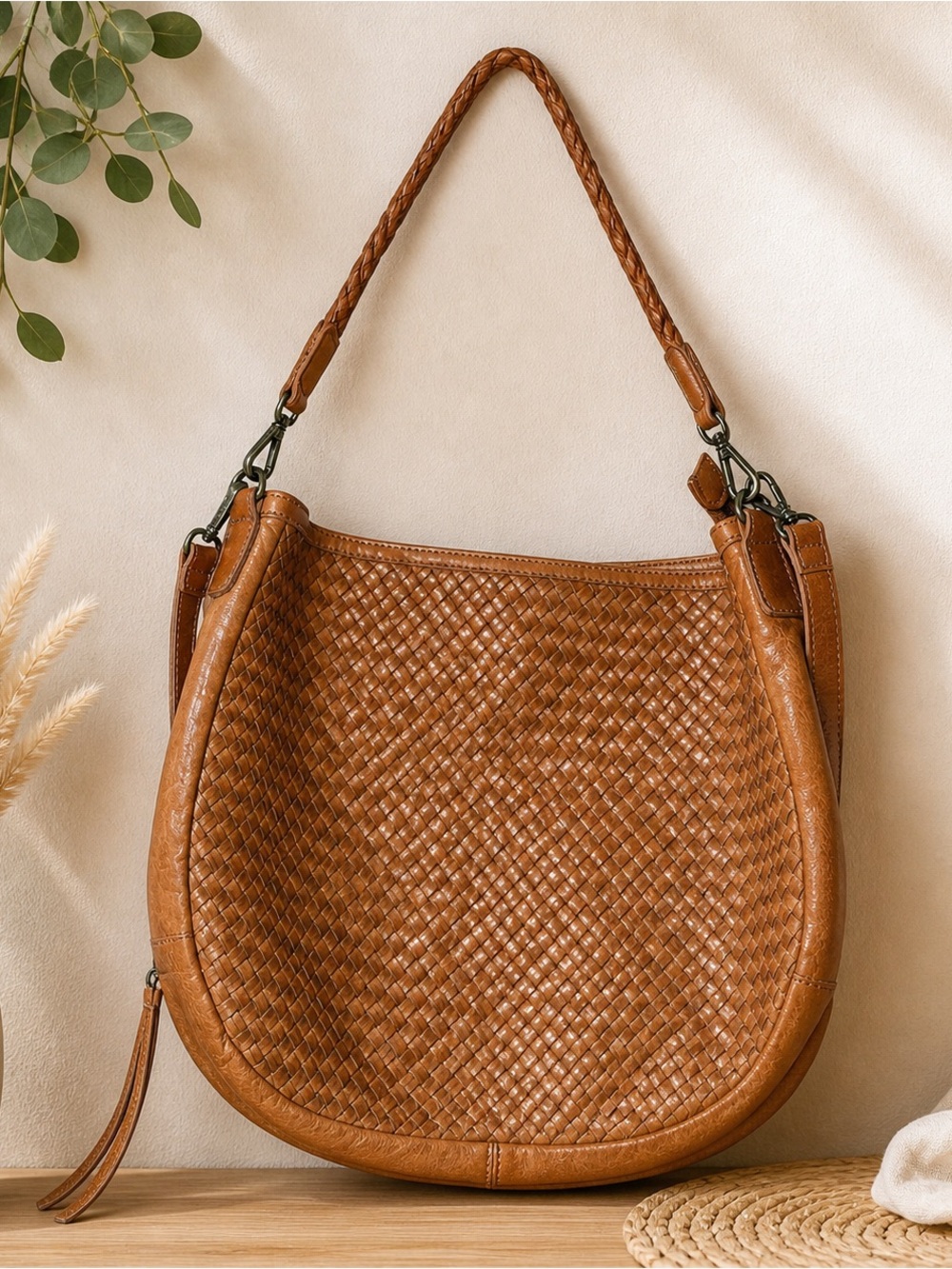 100% Leather Exterior Woven Leather Crossbody Shoulder Bohemian Hobo Bag